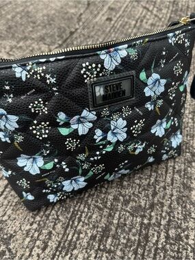 Steve Madden Black Floral Cosmetic Pouch with Light Blue Blossoms